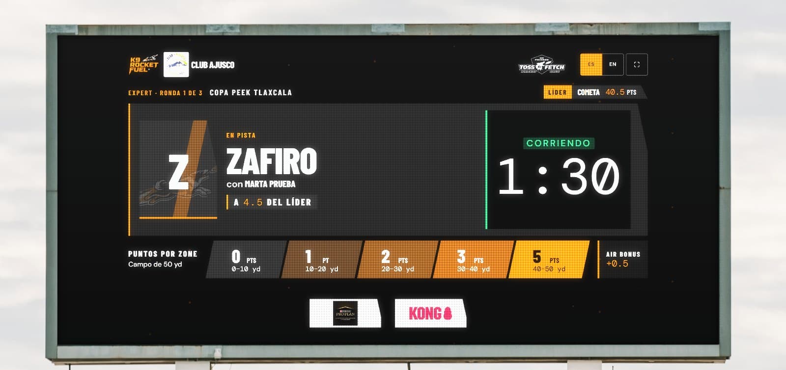 La Pantalla Pública de un torneo en vivo sobre el tablero LED de un estadio: el binomio en pista con el reloj corriendo, los puntos por zona, el líder del bloque y los patrocinadores del evento.
