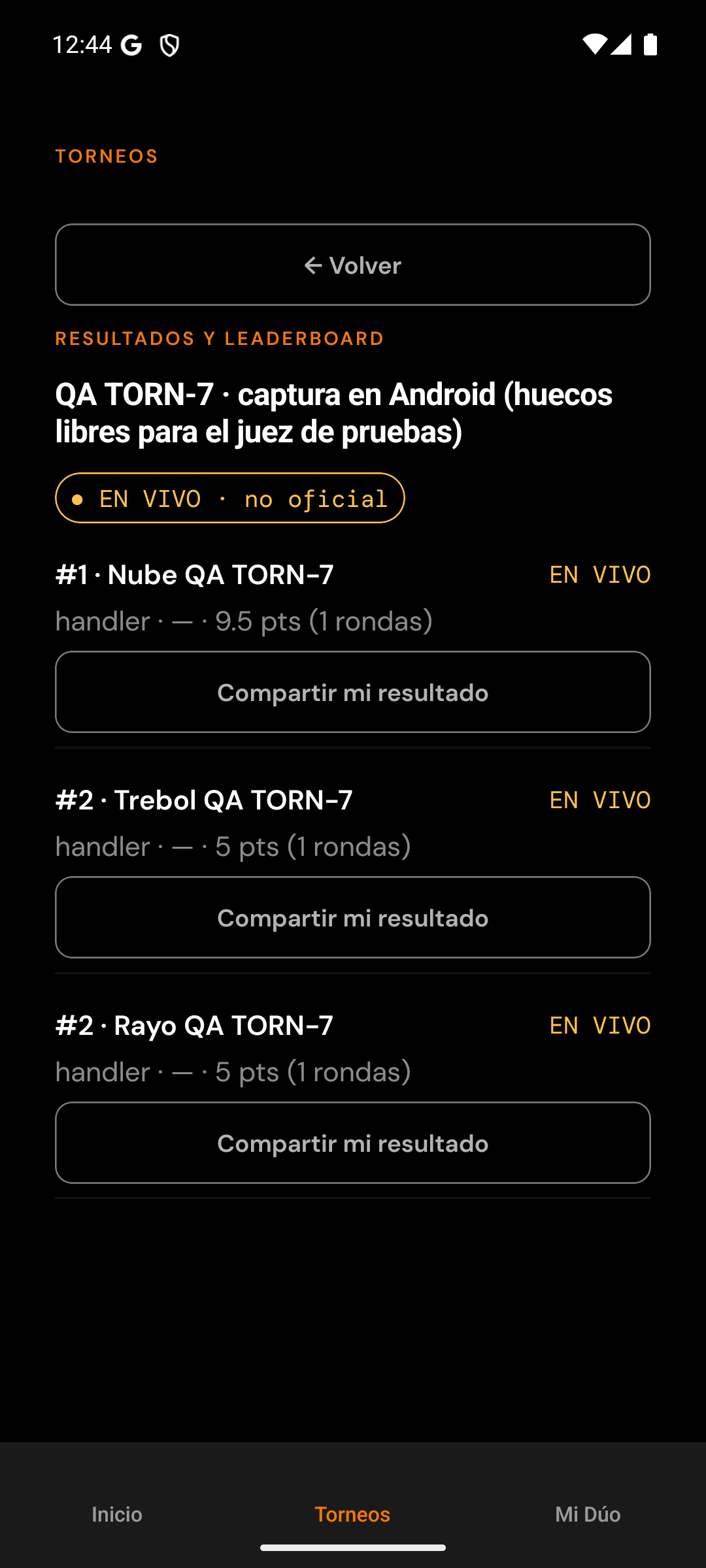 Resultados en vivo dentro de Airborne Play, con el leaderboard del torneo actualizándose en tiempo real.