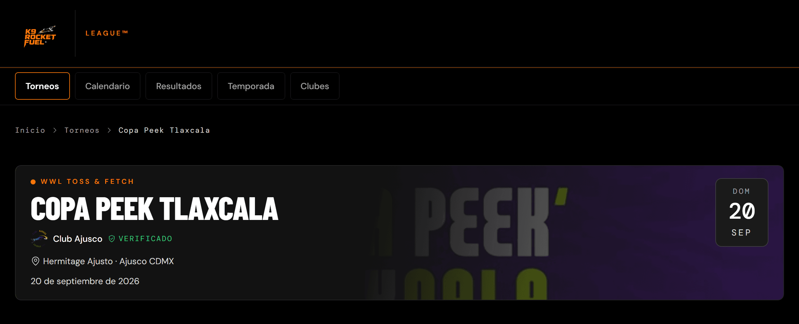 La página pública de un torneo en la web de Rocket Fuel: nombre, club verificado, sede, fecha y detalles de inscripción.
